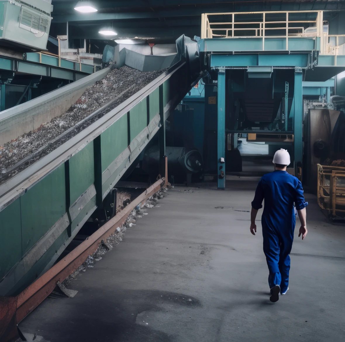 Man in overalls and safety helmet walking towards conveying machinery